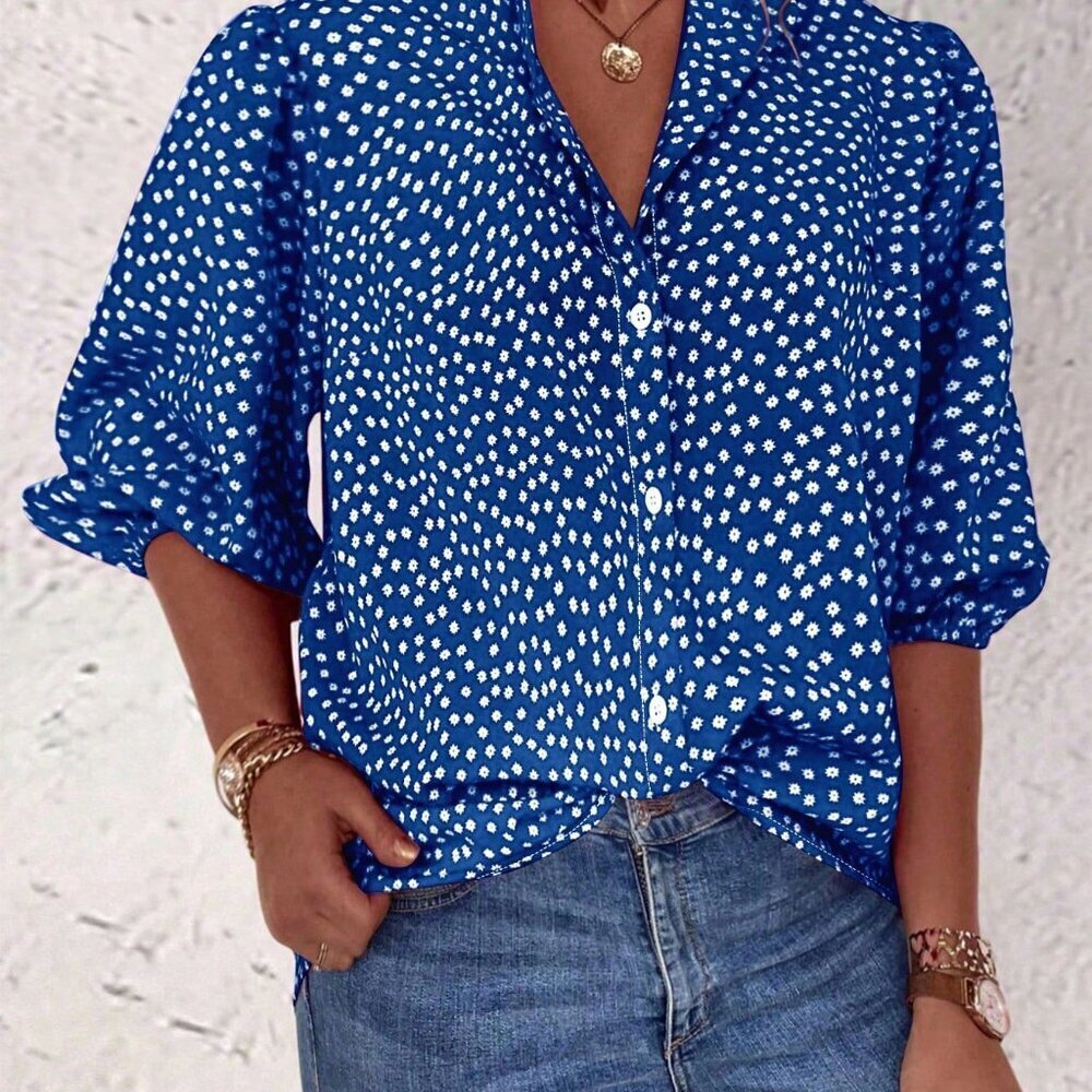 Blue Boho Women's Floral Single Button Casual Mid-Sleeve Shirt - Picture 4 of 4